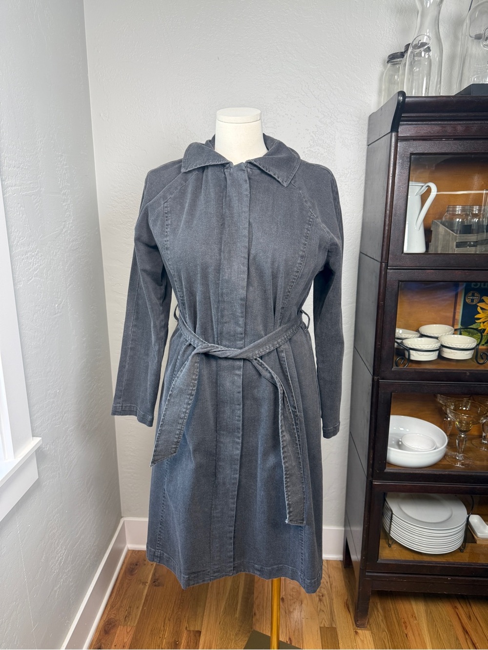 H by Halston Denim Trench Coat Dress Gray Belted Zip Stretch Cotton Size 14